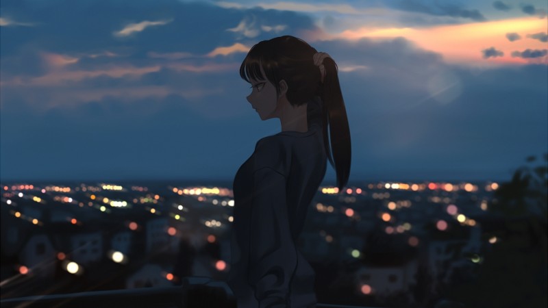 Pretty Anime Girl, Profile View, Ponytail, Anime Cityscape, Lights, Anime Wallpaper