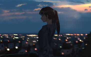 Pretty Anime Girl, Profile View, Ponytail, Anime Cityscape, Lights, Anime Wallpaper