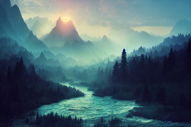 AI Art, Landscape, River, Mountains, Nature Wallpaper