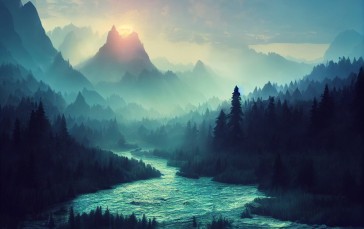AI Art, Landscape, River, Mountains, Nature Wallpaper