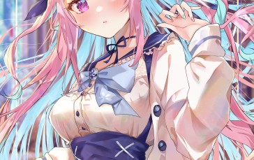 Minato Aqua, Pink Hair, Pretty, Virtual Youtuber, Ribbons, Anime Wallpaper