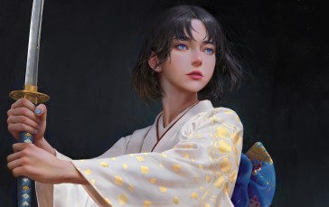 Beautiful Fantasy Girl, Katana, Blue Eyes, Kimono, Realistic Wallpaper