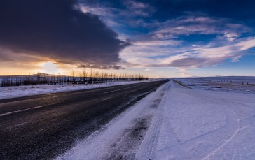 Snow, Winter, Sunset, Long Road Wallpaper