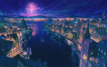 Anime Cityscape, Beautiful, Fireworks, Canal Wallpaper