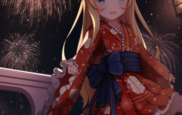 Cute Anime Girl, Yukata, Blonde, Fireworks, Festival Wallpaper