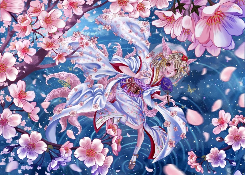 Anime Girl, Kimono, Animal Ears, Cherry Blossom Wallpaper