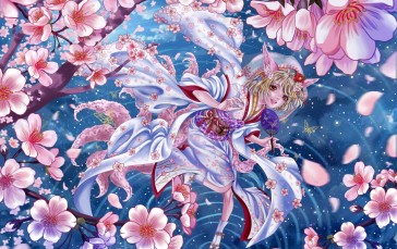 Anime Girl, Kimono, Animal Ears, Cherry Blossom Wallpaper
