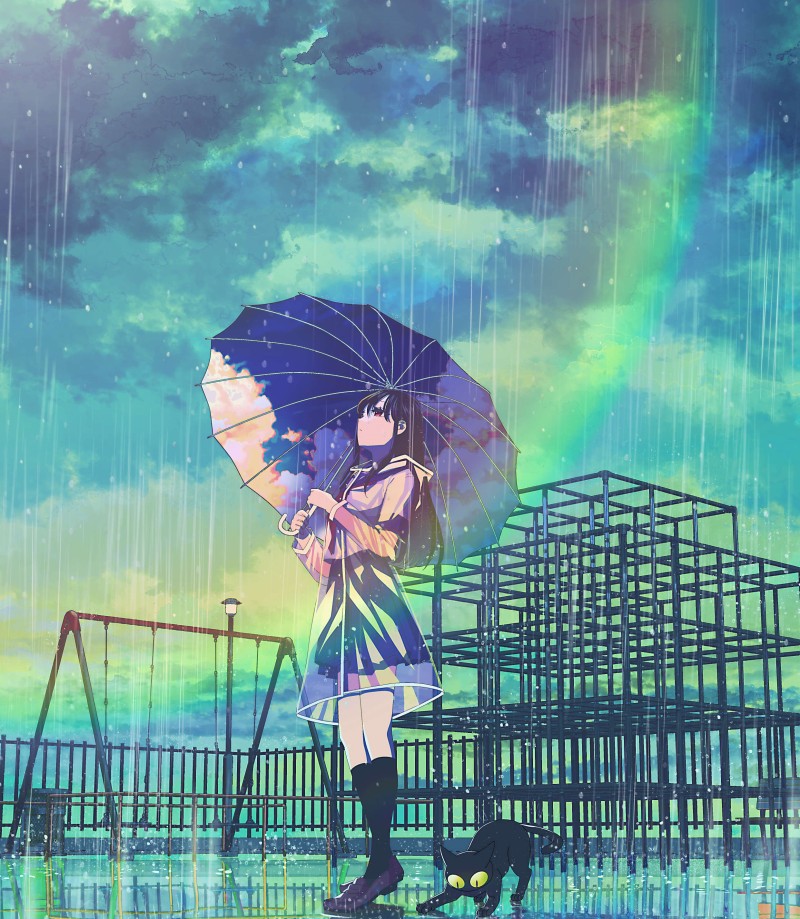 Anime School Girl, Rainbow, Park, Umbrella Wallpaper