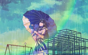 Anime School Girl, Rainbow, Park, Umbrella Wallpaper