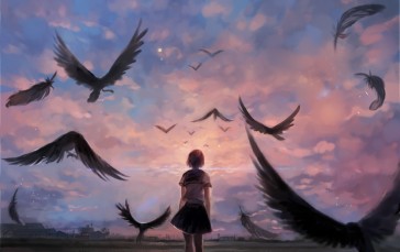 Anime Girl, Crow, Sky, Feathers, School Uniform Wallpaper