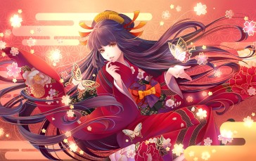 Anime Girl, Kimono, Long Hair, Butterflies Wallpaper