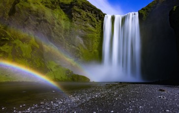 Iceland, Seljalandsfoss, Waterfall, Rainbow, Rocks, Moss Wallpaper