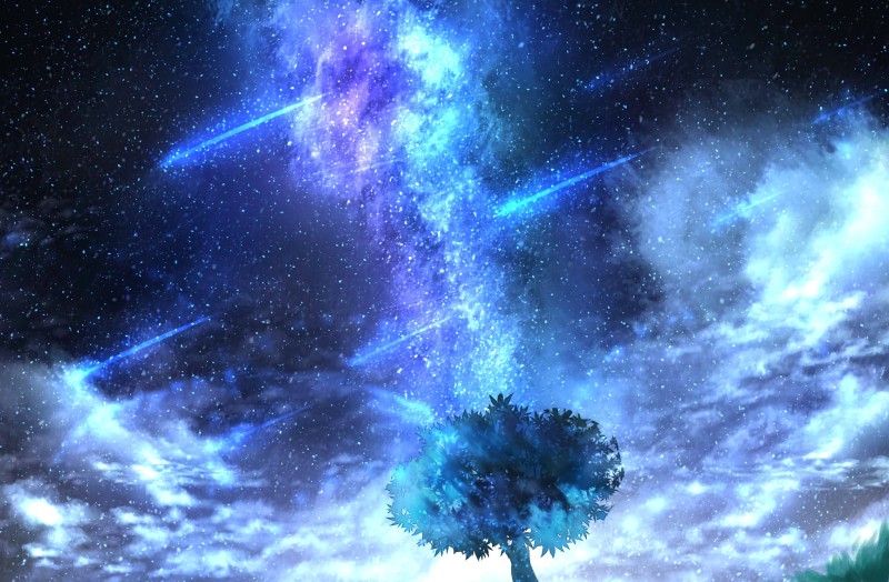 Anime Lonely Tree, Falling Stars, Sky, Night, Anime Wallpaper