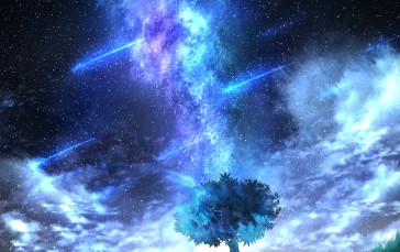 Anime Lonely Tree, Falling Stars, Sky, Night, Anime Wallpaper