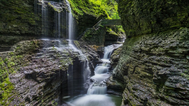 USA, Nature, Rocks, Waterfall, Moss, Bridge Wallpaper