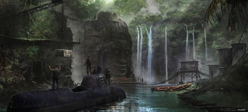 Submarine, Waterfall, Nature, People, Science Fiction, Post-apocalyptic Wallpaper