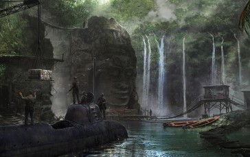 Submarine, Waterfall, Nature, People, Science Fiction, Post-apocalyptic Wallpaper