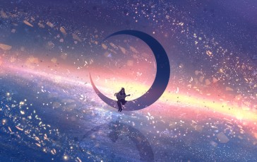 Crescent, Anime Girl, Particles, Floating, Shadow, Anime Wallpaper