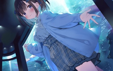Cute Anime Girl, Aquarium, Blushes, Coat, Smiling, Brown Hair Wallpaper