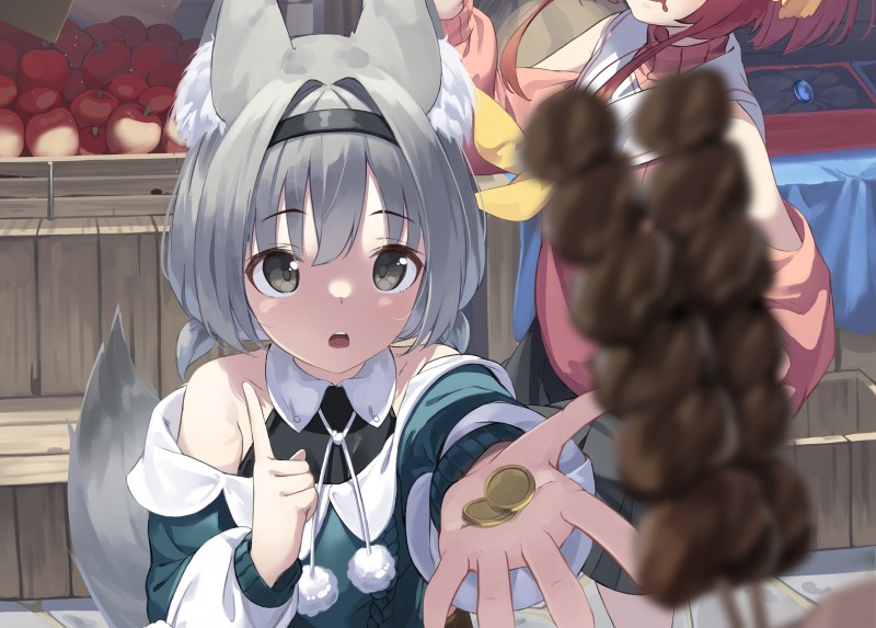 Anime Fox Girl, Shrine, Kebab, Gray Hair, Fluffy Tail, Animal Ears Wallpaper
