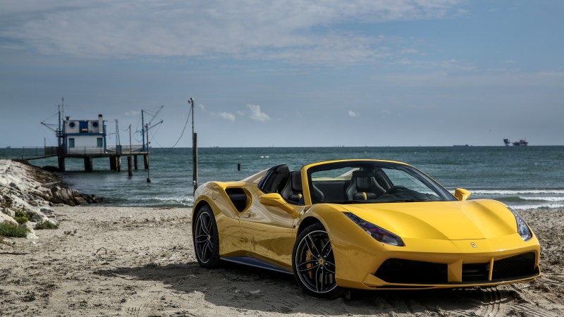 Ferrari 488, Yellow Supercars, Beach, Seascape Wallpaper