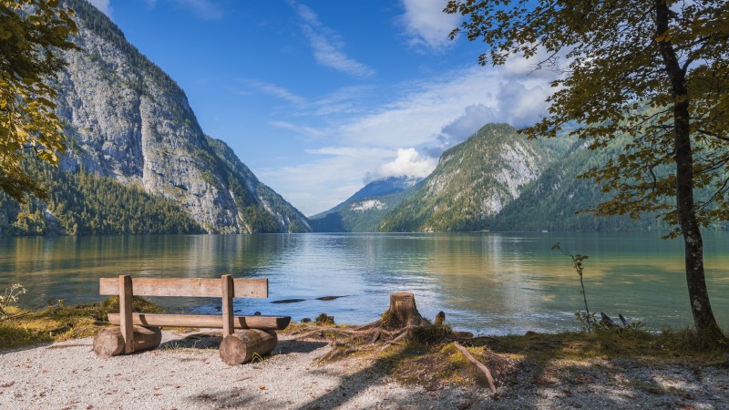 Germany, Bavaria, Bench, Lake, Scenery Wallpaper