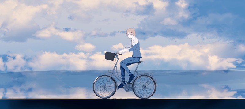 Anime Boy, Bicycle, Clouds, Relaxing Wallpaper