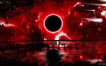 Red, Black, Eclipse , Bridge, Water, Reflection Wallpaper