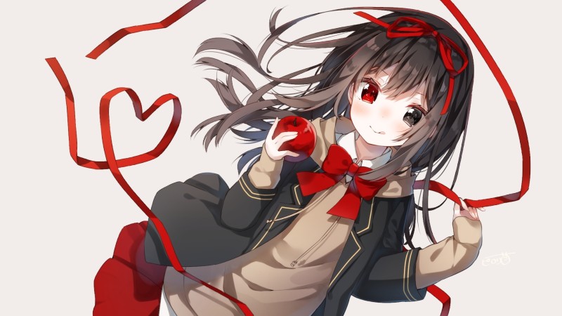 Anime Girl, Brown Hair, Ribbon, Heart, Cute, Apple Wallpaper