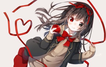Anime Girl, Brown Hair, Ribbon, Heart, Cute, Apple Wallpaper