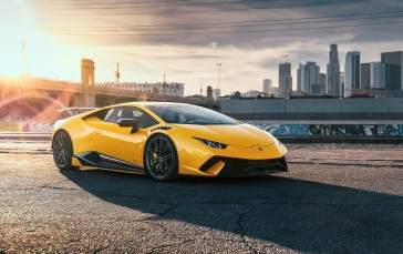 Lamborghini Huracan Performante, Yellow Supercars, Sunlight, Cityscape, Vehicle Wallpaper
