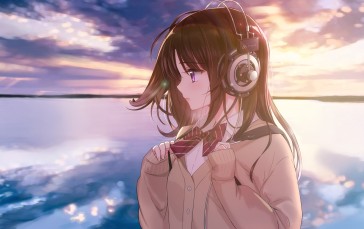 Anime Girl, Horizon, School Uniform, Headphones, Sunset, Clouds Wallpaper