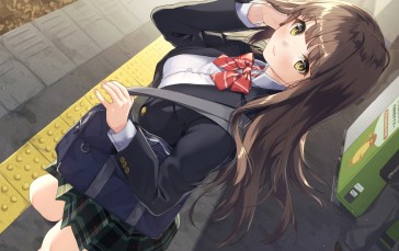Pretty Anime School Girl, Train Station, Anime Wallpaper