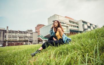 Asian Girl, Resting, Grass, Model, Brunette, Jean Jacket Wallpaper