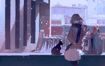 Anime Girl, Chilling, Cat, Snow, Coat Wallpaper