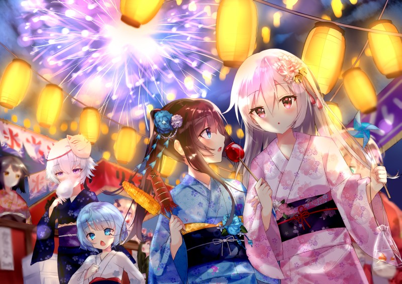 Cute Anime Girls, Fireworks, Festival, Lanterns Wallpaper