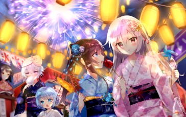 Cute Anime Girls, Fireworks, Festival, Lanterns Wallpaper