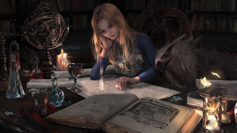 Beautiful Fantasy Girl, Candle, Room, Blonde, Potions, Magic Books Wallpaper