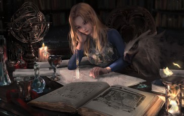 Beautiful Fantasy Girl, Candle, Room, Blonde, Potions, Magic Books Wallpaper