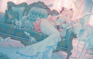 Anime, Anime Girls, Dress, Pink Hair, Skeleton, Blue Eyes Wallpaper