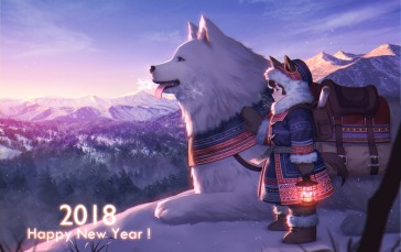 Anime Girl, Wolf, Snow, Lantern, Winter, Anime Wallpaper