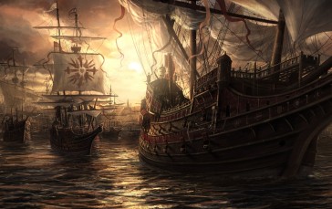 Sailing Ships, Pirate, Flags, Ocean, Fantasy Art Wallpaper