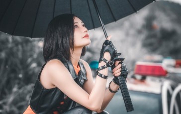 Asian, Women, Model, Squatting, Umbrella Wallpaper