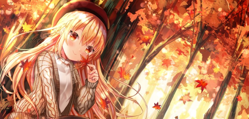 Pretty Anime Girl, Autumn, Sitting, Trees, Fall Wallpaper