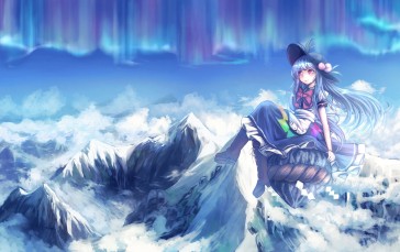 Hinanawi Tenshi, Touhou, Clouds, Mountains, Aurora Wallpaper