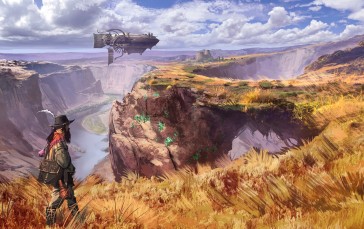 Steampunk World, Airship, Wanderer, Futuristic Landscape Wallpaper