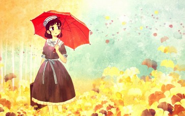 Anime Girl, Umbrella, Autumn, Leaves, Dress Wallpaper