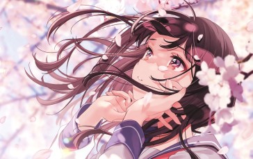 Beautiful Anime Girl, School Uniform, Sakura Blossom, Profile View, Brown Hair, Anime Wallpaper