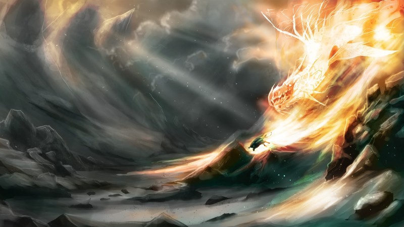 Dragon, Fantasy Creature, Flames, Storm, Mountains Wallpaper