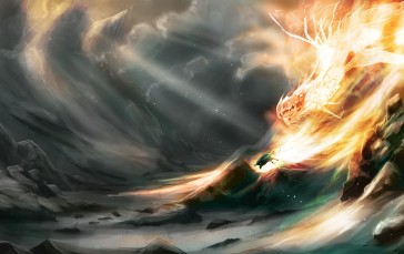 Dragon, Fantasy Creature, Flames, Storm, Mountains Wallpaper